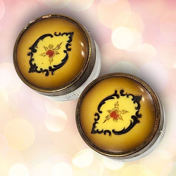 Set of 2 Vintage Glass Vanity Jars Gold Floral Metal Lids Hollywood Regency MCM - Picture 4 of 8